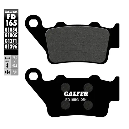BALATA TRASERA GALFER FD165G1054 (HONDA, YAMAHA, BMW, BAJAJ, BENELLI, HARLEY DAVIDSON, KTM, DUCATI, GAS GAS, PIAGGIO, HUSQVARNA, ROYAL ENFIELD, CF MOTO, MV AUGUSTA, QJ MOTOR, BETA, KEEWAY, HUSABERG) | (SEMI - METALICA)